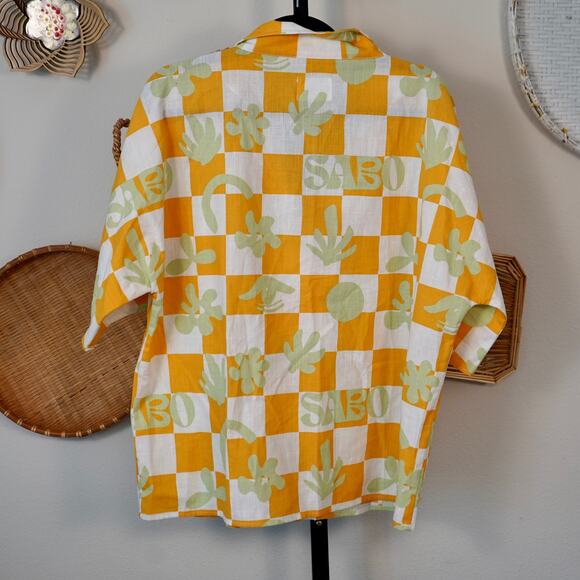Sabo Short Sleeve Button Up Checkboard Seona Top Yellow Womens Size 4 - Picture 4 of 6